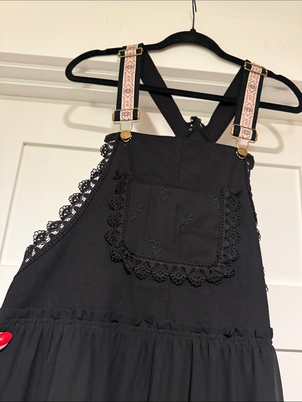 Amazon Black Lace Trim Maxi Overall Dress with Embroidered Straps - Picture 2 of 4